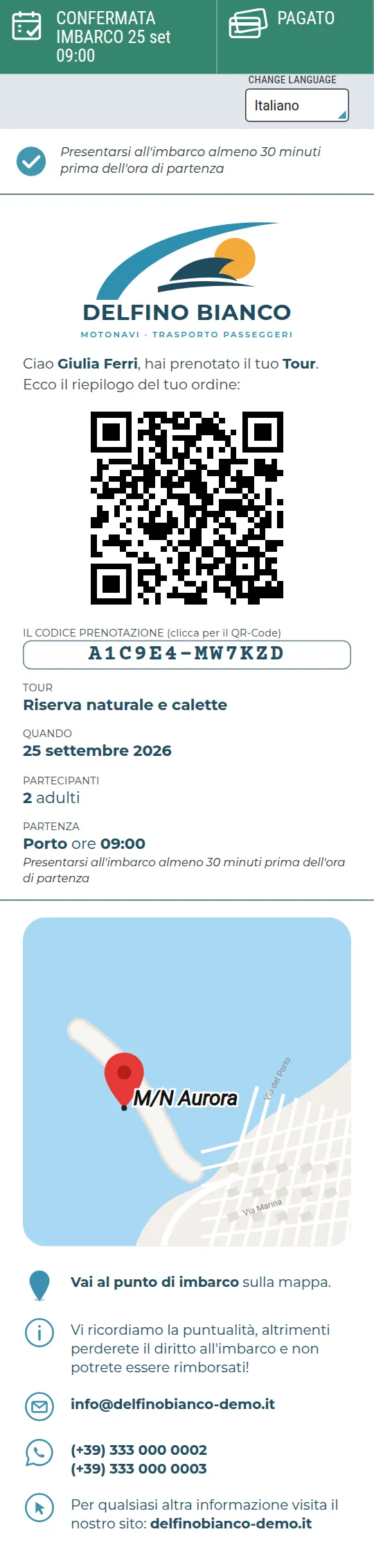 Biglietto confermato e pagato: QR code, dettagli del tour, mappa del punto d'imbarco e recapiti