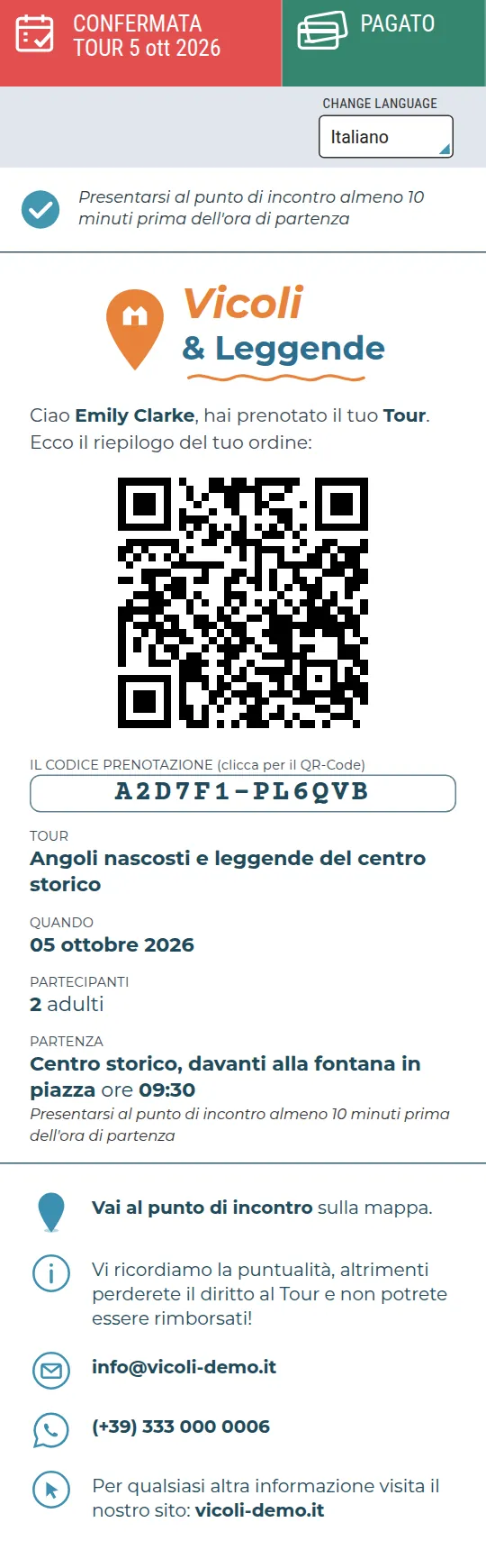 Biglietto di un tour a piedi confermato e pagato: QR code, punto d'incontro e recapiti