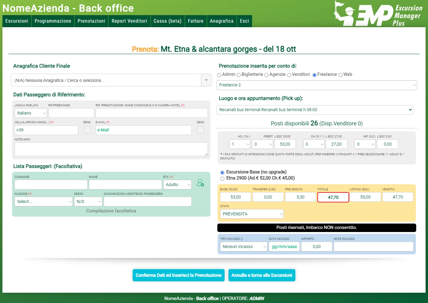 Schermata di inserimento prenotazione con dati del cliente, lista passeggeri, pick-up, posti disponibili e riepilogo prezzi